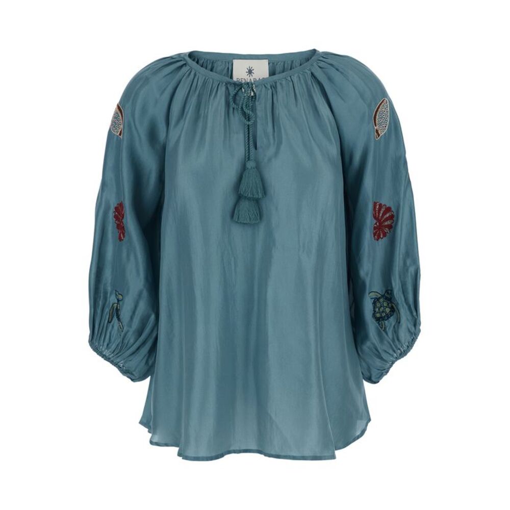Benaras By Citrus Women Silk Top With Sea Print And Blue Details